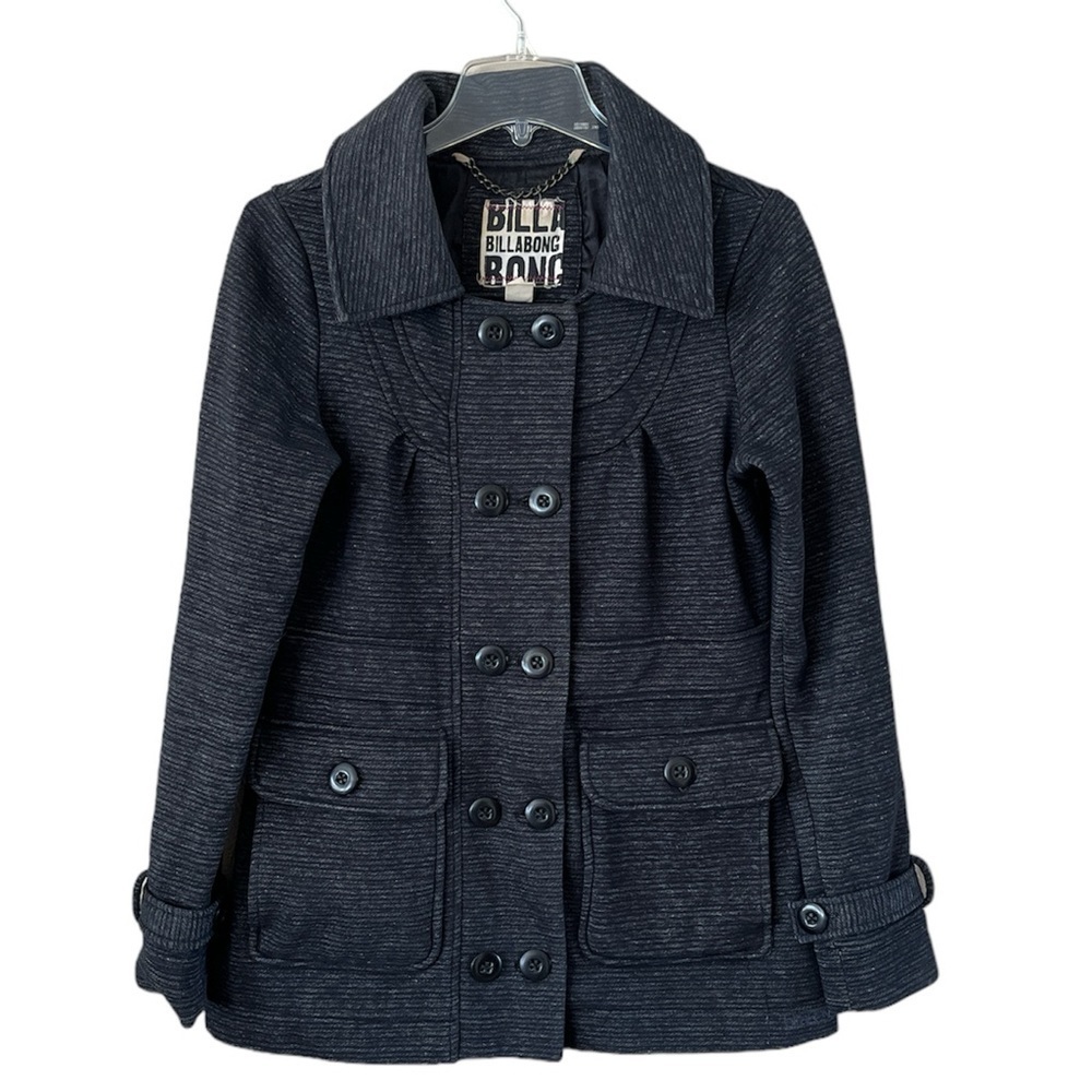 Billabong Double Breasted Coat Size Large Front Pockets Collar Heather Gray
